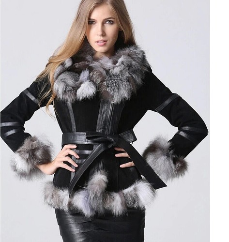 GIACCA VERA PELLE PELLICCIA*COLLO VOLPE ARGENTO NERO CAPPOTTO SCAMOSCIATO  LUSSO | eBay
