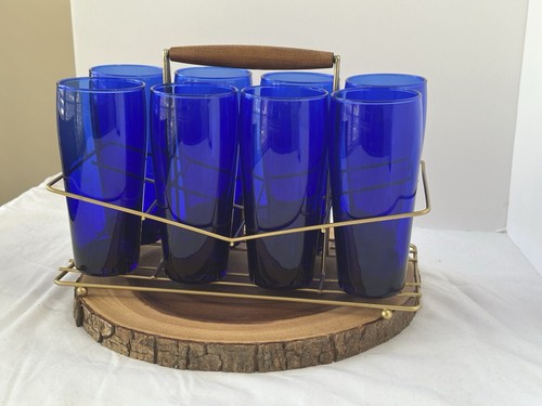 Vintage 1960’s 8 Glass Carrier With 8 Cobalt Blue Highball Glasses MCM - 第 4/15 張圖片
