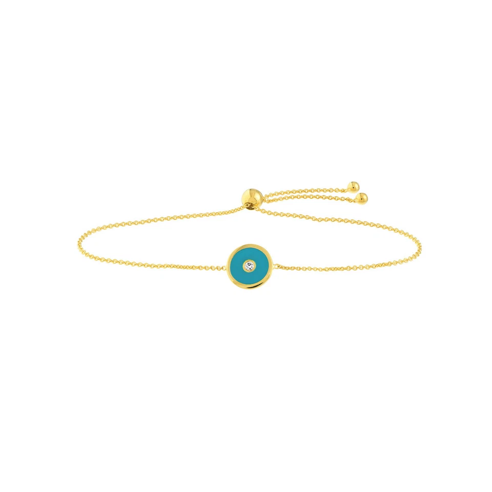Natural Diamond 14K Yellow Gold Blue Evil Eye Bolo Bracelet (Hollow) 9.5" Adj. - Image 2 of 4