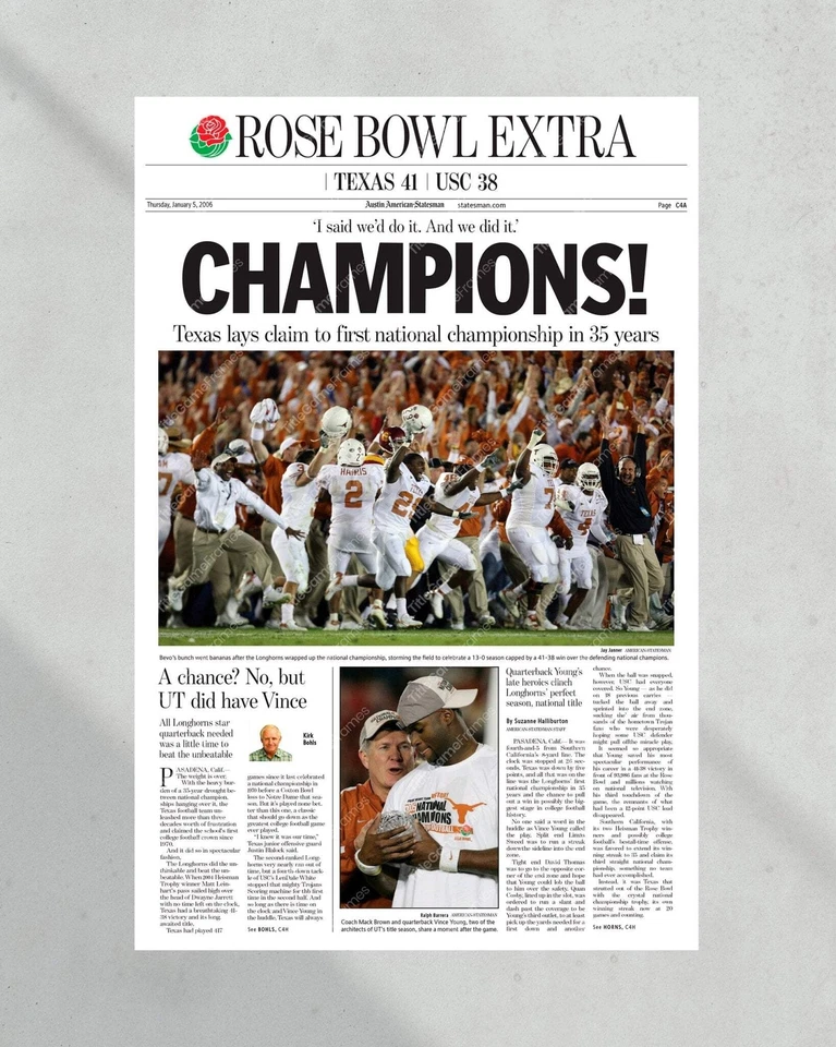 Texas Longhorns 2006 NCAA Rose Bowl Campeones de fútbol americano universitario enmarcado portada Foto 3 de 4