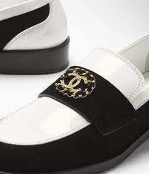 AUTH CHANEL PATENT WHITE & SUEDE EMBELLISHED LOAFERS AUTH CHANEL PATENT WHITE & SUEDE EMBELLISHED LOAFERS