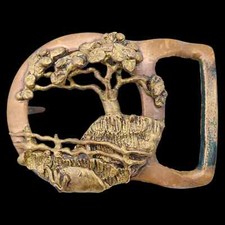 Solid Brass Countryside Tree Fence Hippie Art Masterworks Vintage Belt Buckle