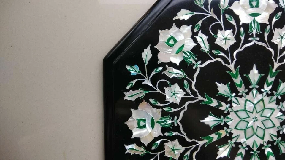 Royal Marble Table Top Semi Precious Stones Inlay Handmade Work Furniture 15" - Image 4 of 4