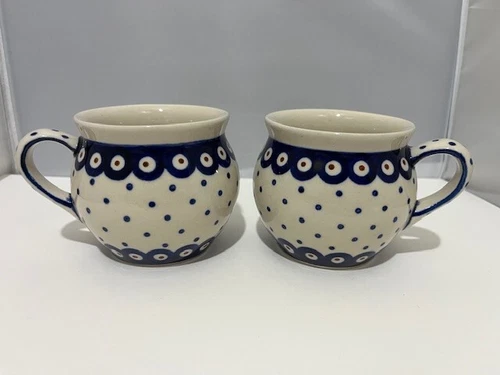 2 Boleslawiec Handmade Poland Polish Pottery H2 Bubble Coffee Tea 16 OZ Mugs HTF