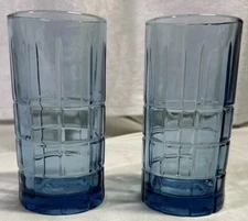 2 Anchor Hocking Tartan Blue Denim Tumbler Glasses Flat Iced Tea 16 Oz Heavy