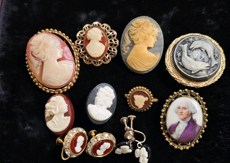 Lote camafeo de colección 10p 8 broches prendedores 1 placa de oro 10k 1 coro 2 pares tornillo oreja trasera Foto 2 de 4