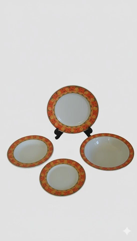 Set 6 Piatti Fondi In Porcellana Versilia – Bordo Smerlato E Decoro Righe, Arancione, 22 Cm, Lavabile In Lavastoviglie E Microonde