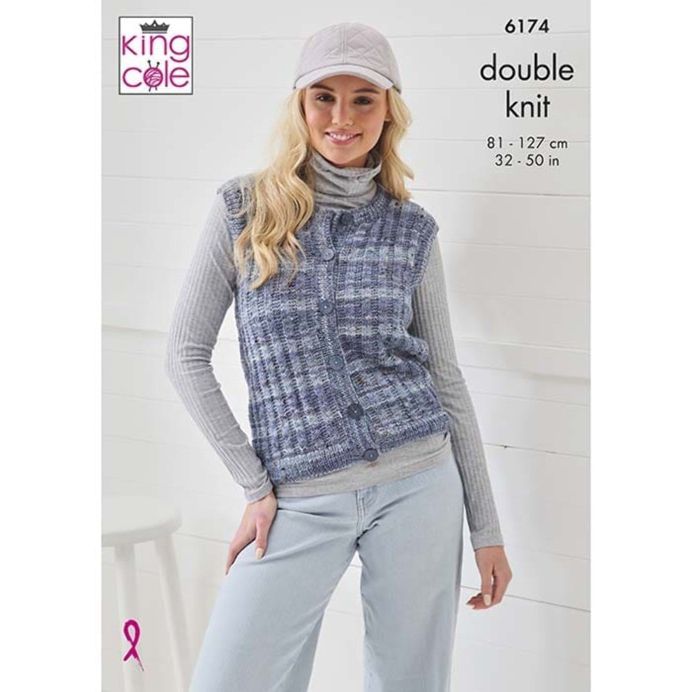 King Cole Ladies Round & V-Neck Waistcoats Knitting Pattern 6174 - Double Knit