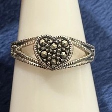 Vtg Sterling Silver 925 Marcasite Heart Ring, Size 8