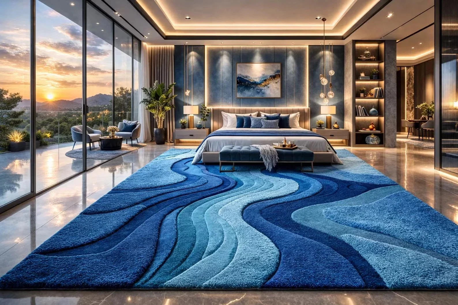 Hand Tufted New Zealand Wool Blue Wave Abstract Rug – Modern Luxury Room Carpets