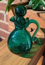 Vintage MCM Green Handmade Blown Glass Cruet /Stopper