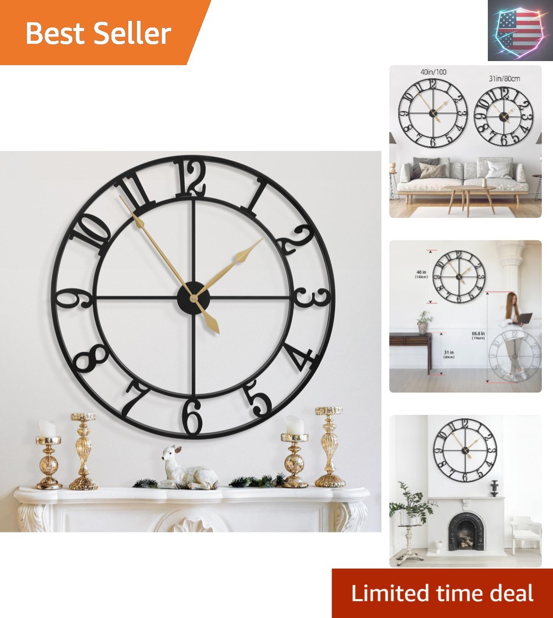 40 Inch Extra Large Wall Clock, Decorative Oversized Arabic Numerals Battery ...