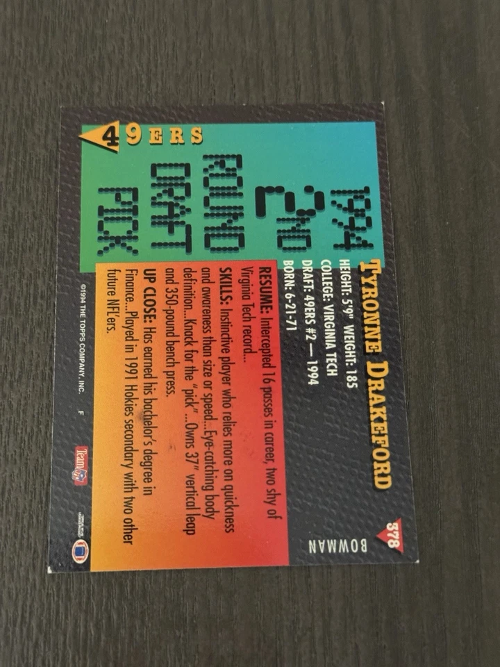 1994 Bowman #378 TYRONE DRAKEFORD Rookie RC Autographed HAND SIGNED Auto Card - Image 2 of 2