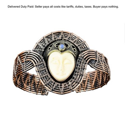 Oval White Carved Face Stone Rainbow Moonstone Copper Trendy Wire Wrapped Bangle