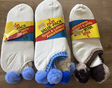 VTG Women's Socks Pom Pom NOS 9-11 Low Cut BLUE  BROWN 3 PAIRS NWT U.S.A.