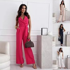 Women's V Neck Sleeveless Jumpsuit with Belt Summer Casual Elegant Wide Leg Pant