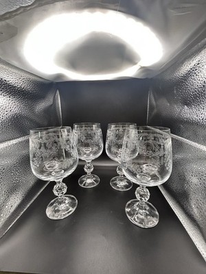 VTG Bohemia Crystal Cascade 6.5  Etched Ball Stem Goblets Made in Czechoslovakia