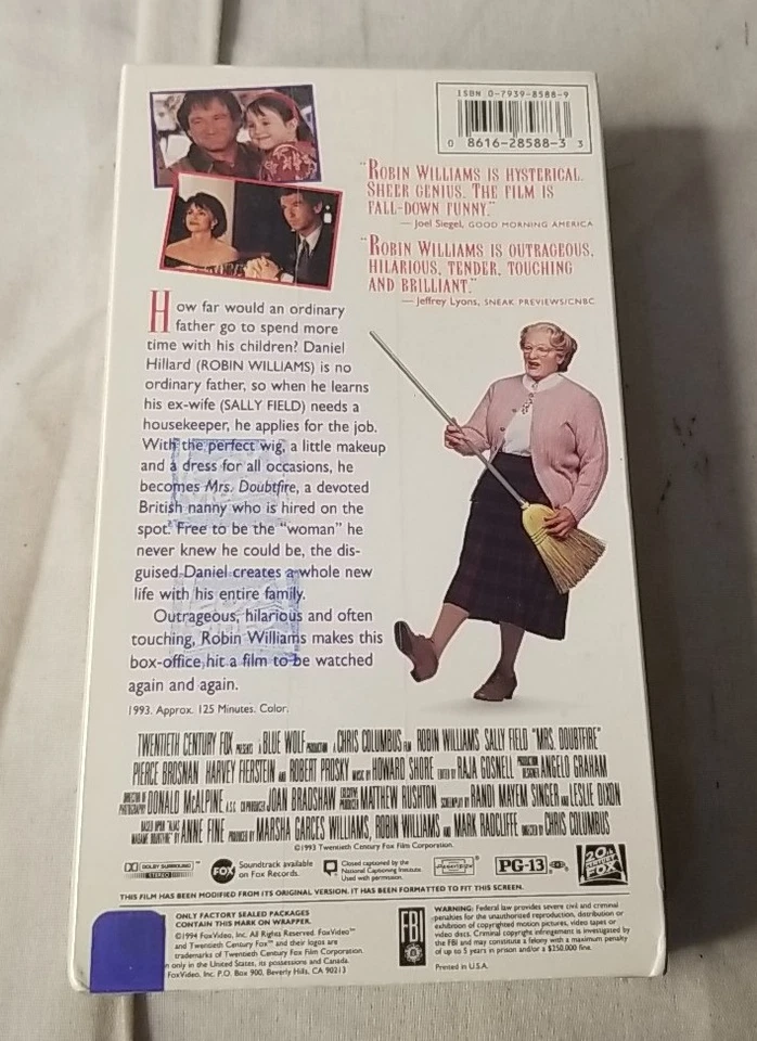 Mrs Doubtfire VHS SEALED Watermarks Hype Fox Robin Williams Sally Field VTG  - Image 2 of 3