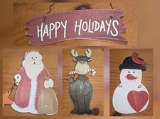 Christmas Wooden Decorations Lot 4 Weathered Rustic Wired Hanging