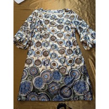 WD·NY Mod Print Puff Sleeve Shift Dress 10 Lined Side Zip 37.5" Blue