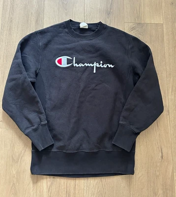 Champion Black Men's Crew Neck Pullover Sweatshirt Fleece Cotton Logo M