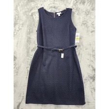 NEW Charter Club Sleeveless Belted Sheath Dress Size PM Navy Blue Dot Back Zip