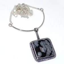 925 Silver Plated Snowflake Obsidian Ethnic Necklace Jewelry Size 17" GW