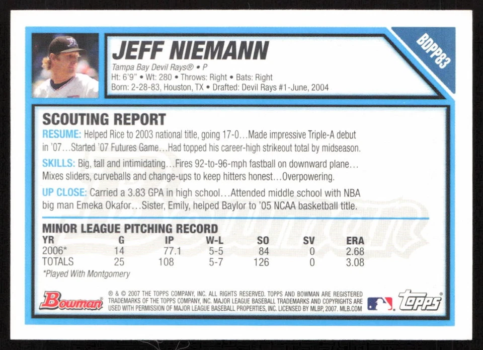 2007 Bowman Draft Picks & Prospects Jeff Niemann #BDPP83 Rays - Image 2 of 2