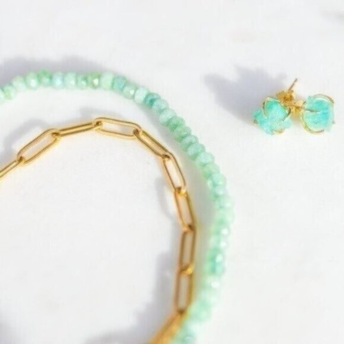 Amazonite Jewelry Set Raw Stud Earrings & Gold Beaded Chunky Bracelet PRETTY - Picture 14 of 16