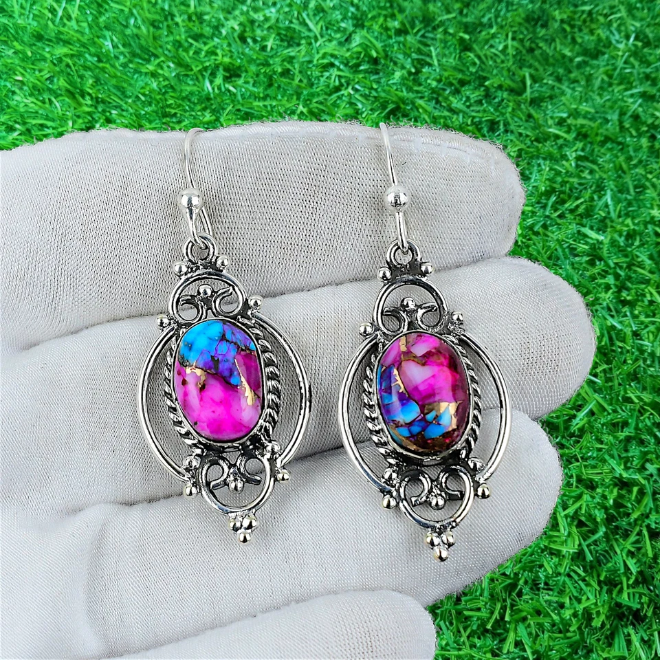 Brincos de prata esterlina 925 feitos à mão com pedra preciosa turquesa ostra - Imagem 2 de 3