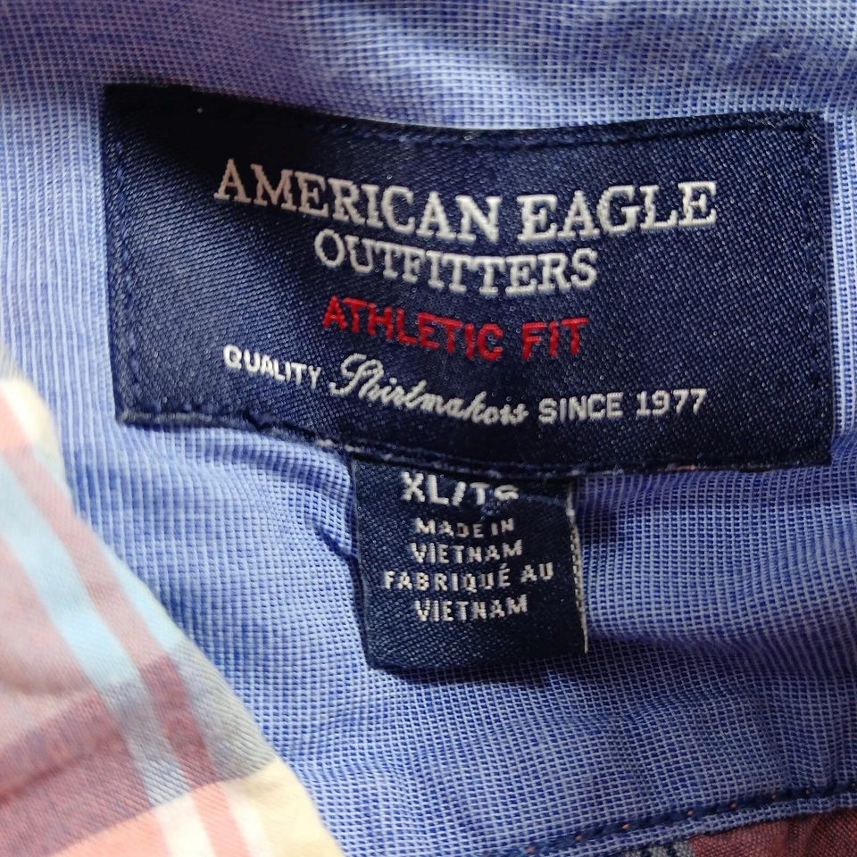 Camisa American Eagle Para Hombre XL Melocotón Cuadros Ajuste Atlético Cuello Abotonado Informal Foto 3 de 4