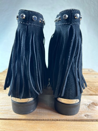 Michael Kors Billy Fringe Studded Black Suede Boho Moto Boots Size 7 - Picture 3 of 12