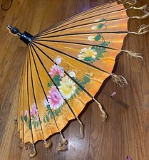 Vintage 1960s Handmade Satin  Bamboo Parasol  ORANGE  Asian origin