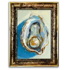 Original Oyster Painting with Pearl Oil 4x6" Coastal Art Beach House Decor