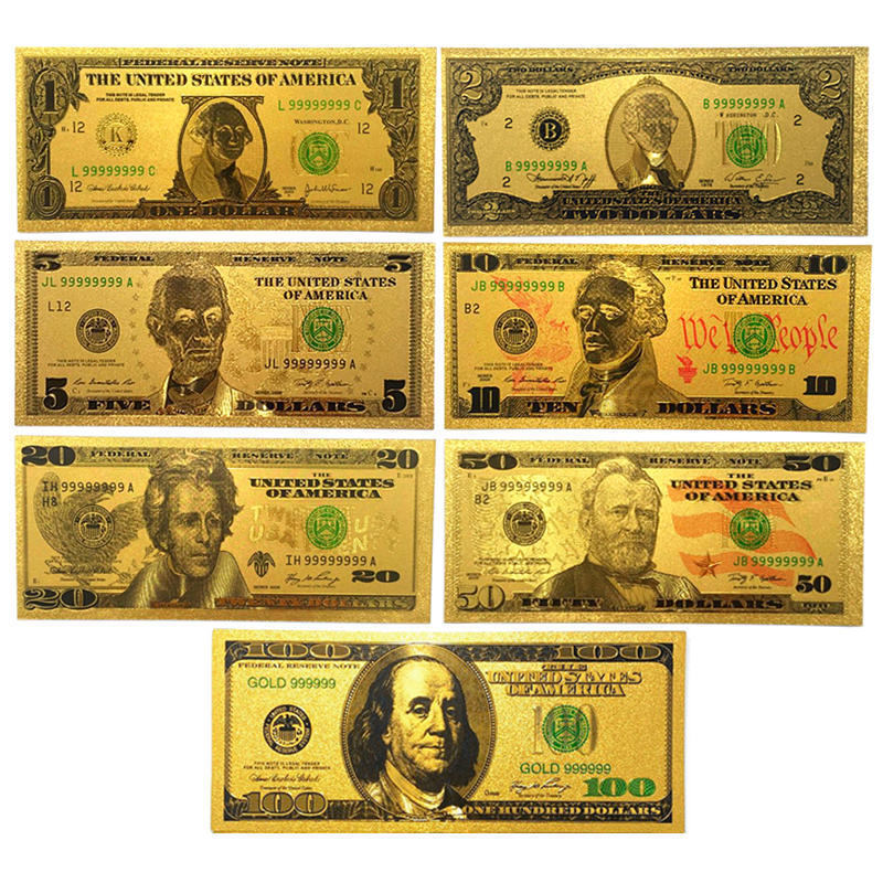 7PCS USD 1/2/5/10/20/50/100 Gold Dollar Bill Full Set Gold Banknote Colorful