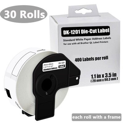 30Rolls 400 Permanent Frame Shipping Labels DK-1201 For Brother QL 1-1/7''x3-1/2''