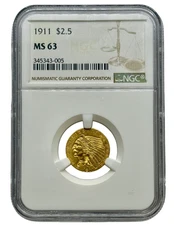 1911 $2.5 Indian Gold Quarter Eagle, NGC MS63, Classic U.S. Gold Type.