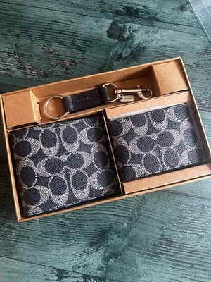 NIB COACH Boxed 3-In-1 Wallet Gift Set SV /DENIM Chalk Leather Key