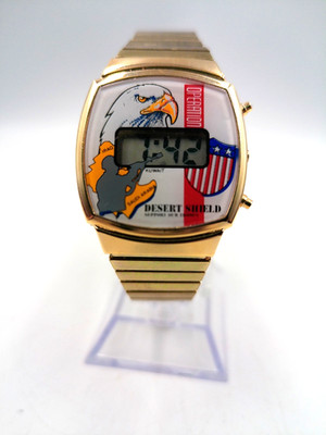 Desert Shield Digital Wristwatch, Gold Tone, Stretch Band, No Box