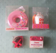 4 NEW Dunkin' Donuts ornaments Pink Frosted Sprinkles/Hot Chocolate/Munchkins