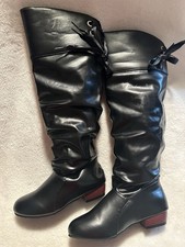 Women's Pull On Knee High Boots Black Shiny Faux Leather w/Decorative Ties FUN