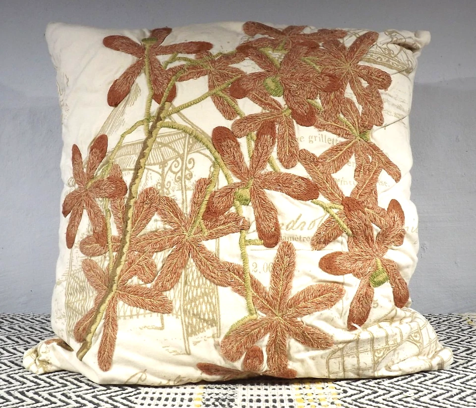 Pottery Barn Orange Cream Floral Embroidered Feather Pillow - French Script - Image 3 of 3