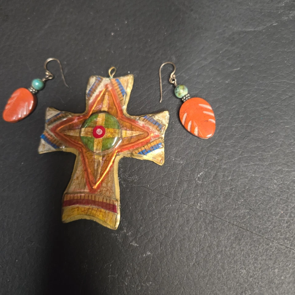 Red Jasper Feather Drop Earrings Turquoise Color on Silver with Handmade Pendant - Image 3 of 4