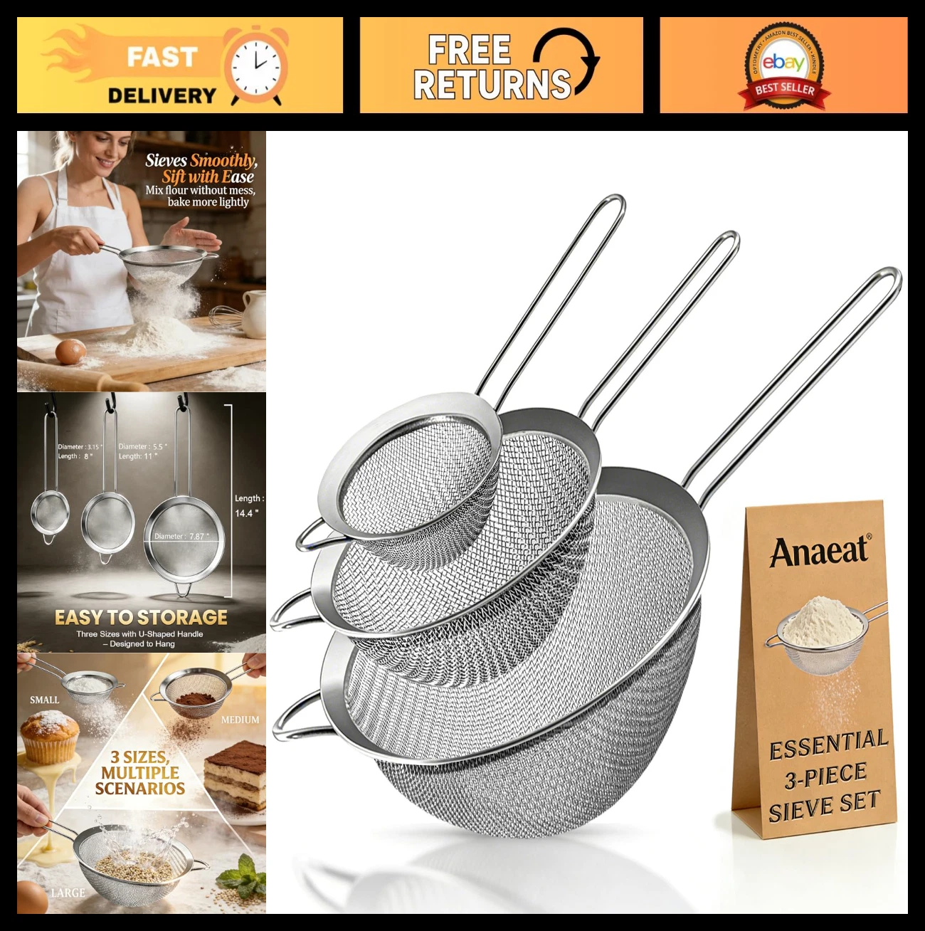 Premium Stainless Steel Fine Mesh Strainers - Durable Colander Sifters for Flour