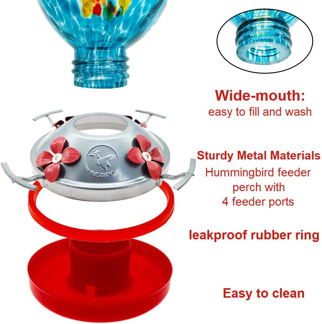 REZIPO Hummingbird Feeder with Perch Hand Blown Glass Blue 38