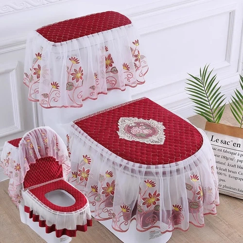 3 Pcs/set Floral Lace Mesh Velvet Toilet Seat Cover Zipper Lid Pads Protector - Picture 1 of 24