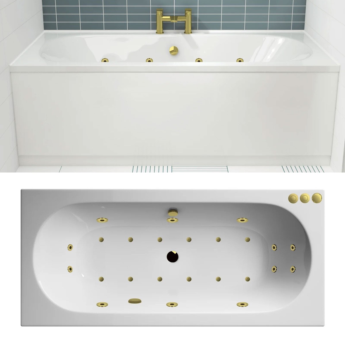 Nuie Otley Whirlpool Bath Double Ended Hydrotherapy Spa Gold Jets