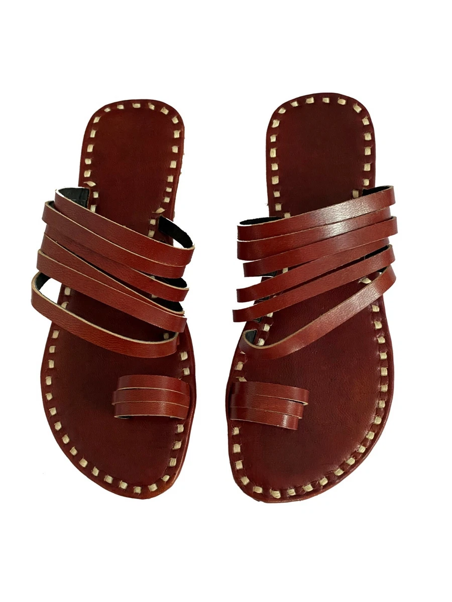 Womens slippers brown leather sandals Handmade shoes flats shoes big size us 13