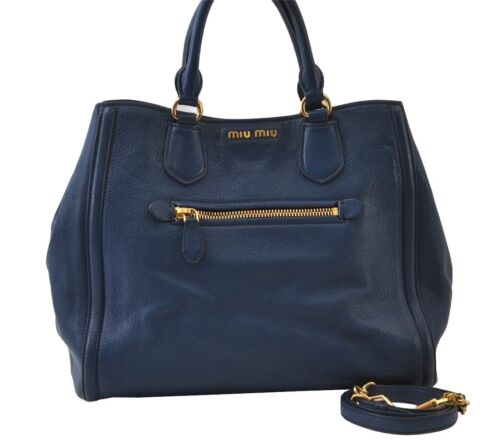 Authentic MIU MIU Vintage Leather 2Way Shoulder Tote Bag Blue 0509J - Picture 1 of 24