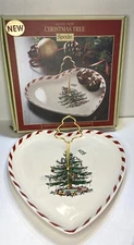 Spode Christmas Tree Peppermint Heart Shaped 10 In Handled Tidbit Dish NEW
